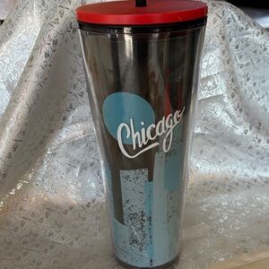 Starbucks Tumbler with Red Lid and Blue Skyline